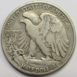 1938 D Walking Liberty Half Dollar - antique American silver coin with Denver mintmark 