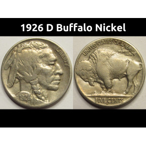 1926 D Buffalo Nickel - antique Denver mintmark five cent American coin