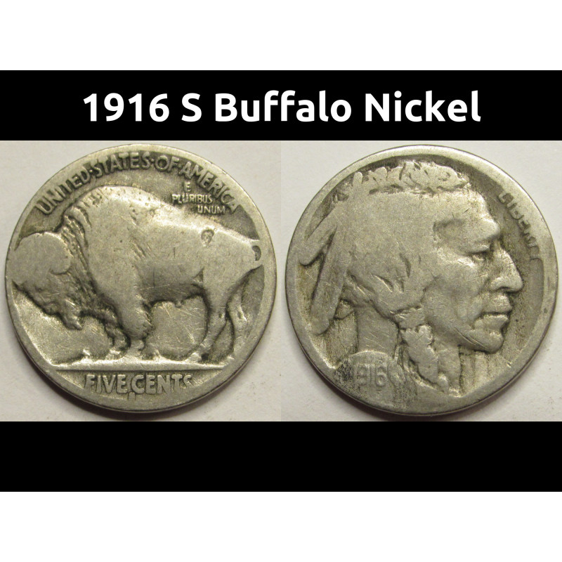 1916 S Buffalo Nickel - antique San Francisco mintmark American nickel