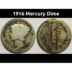1916 Mercury Dime - antique first year of issue American silver dime