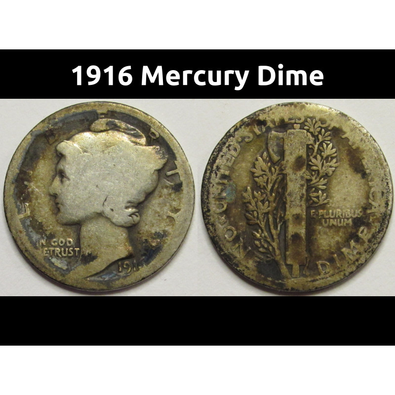 1916 Mercury Dime - antique first year of issue American silver dime