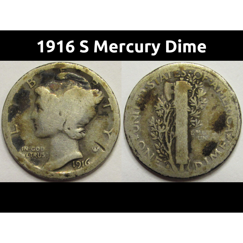 1916 S Mercury Dime - antique San Francisco mintmark silver dime