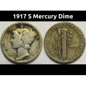 1917 S Mercury Dime - antique San Francisco mintmark silver American dime