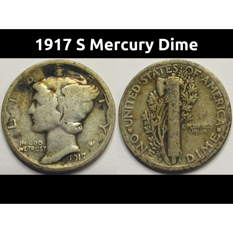 1917 S Mercury Dime - antique San Francisco mintmark silver American dime