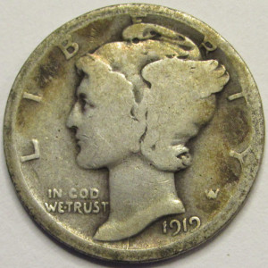 1919 D Mercury Dime - antique Denver mintmark American silver dime