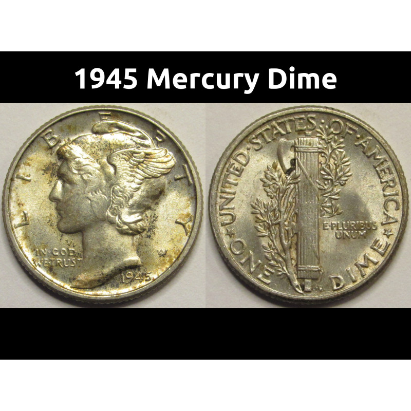 1945 Mercury Dime - antique unriculated American silver dime