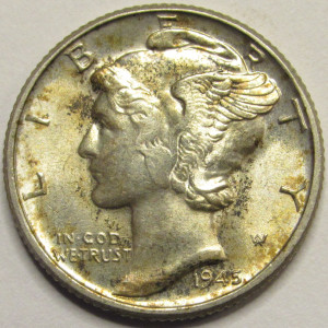 1945 Mercury Dime - antique unriculated American silver dime
