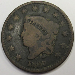1827 Coronet Head Large Cent - antique American copper penny