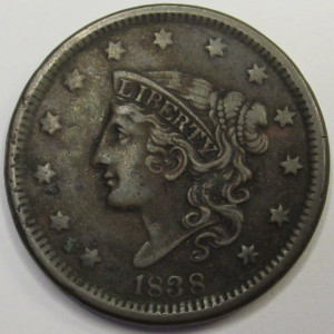 1838 Coronet Head Large Cent - antique transitional American copper penny
