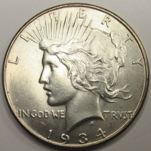 1934 Peace Dollar - antique uncirculated American silver dollar