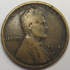 1914 S Lincoln Wheat Cent - antique San Francisco mintmark penny