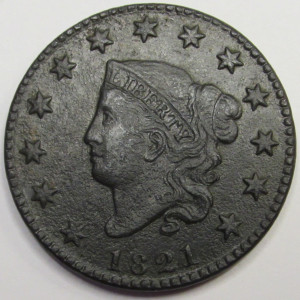 1821 Coronet Head Large Cent - antique early American copper penny