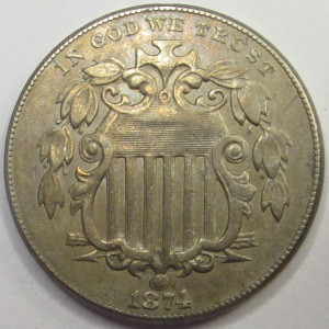 1874 Shield Nickel - antique American five cent coin