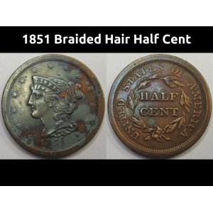 1851 Braided Hair Half Cent - antique early American copper half penny