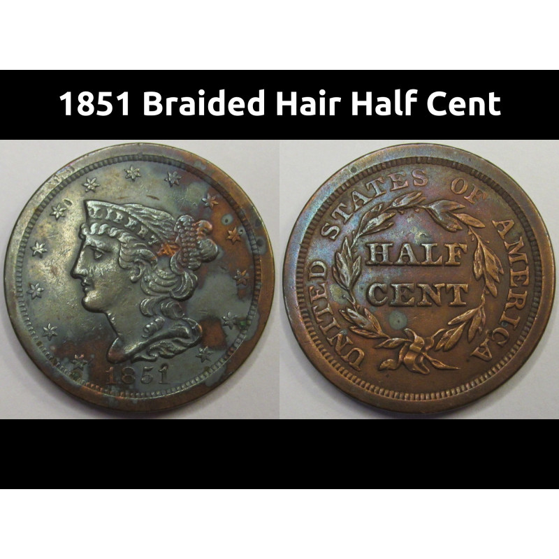 1851 Braided Hair Half Cent - antique early American copper half penny