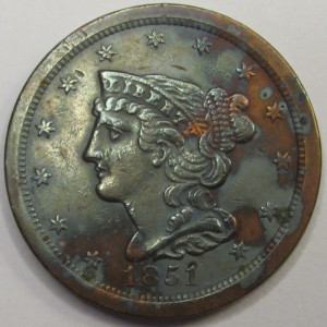 1851 Braided Hair Half Cent - antique early American copper half penny