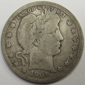 1909 D Barber Quarter - antique Denver mintmark silver coin