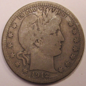 1912 Barber Quarter - antique American silver coin