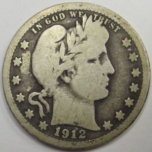 1912 Barber Quarter - old American silver quarter coin