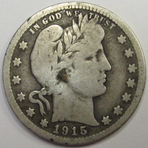 1915 D Barber Quarter - antique Denver mintmark silver coin