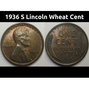 1936 S Lincoln Wheat Cent - antique San Francisco mintmark toned wheat penny