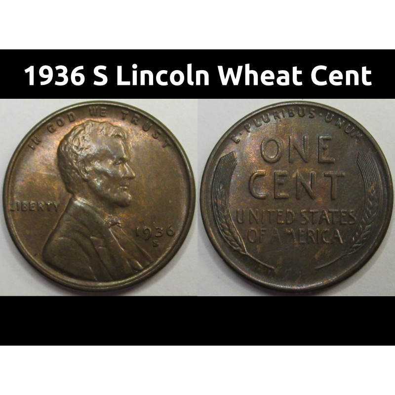 1936 S Lincoln Wheat Cent - antique San Francisco mintmark toned wheat penny