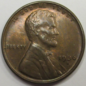 1936 S Lincoln Wheat Cent - antique San Francisco mintmark toned wheat penny