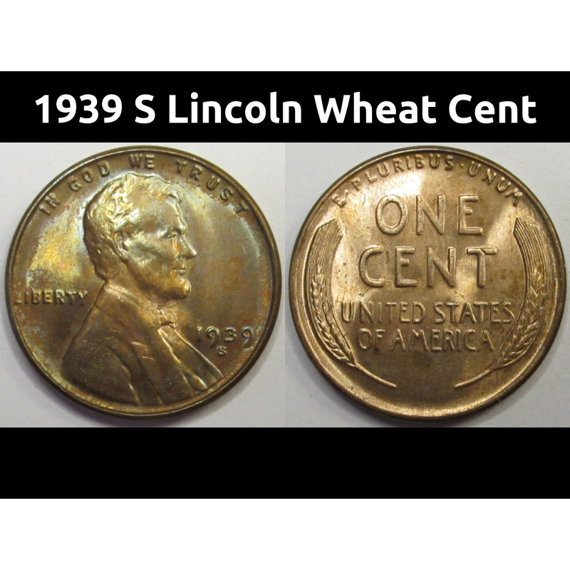 1939 S Lincoln Wheat Cent - antique San Francisco mintmark wheat penny