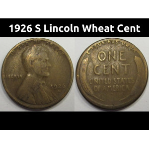 1926 S Lincoln Wheat Cent - antique San Francisco mintmark wheat penny