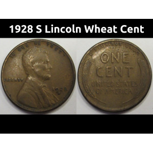 1928 S Lincoln Wheat Cent - antique San Francisco mintmark wheat penny
