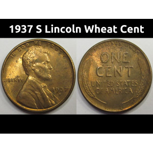 1937 S Lincoln Wheat Cent - antique San Francisco mintmark wheat penny