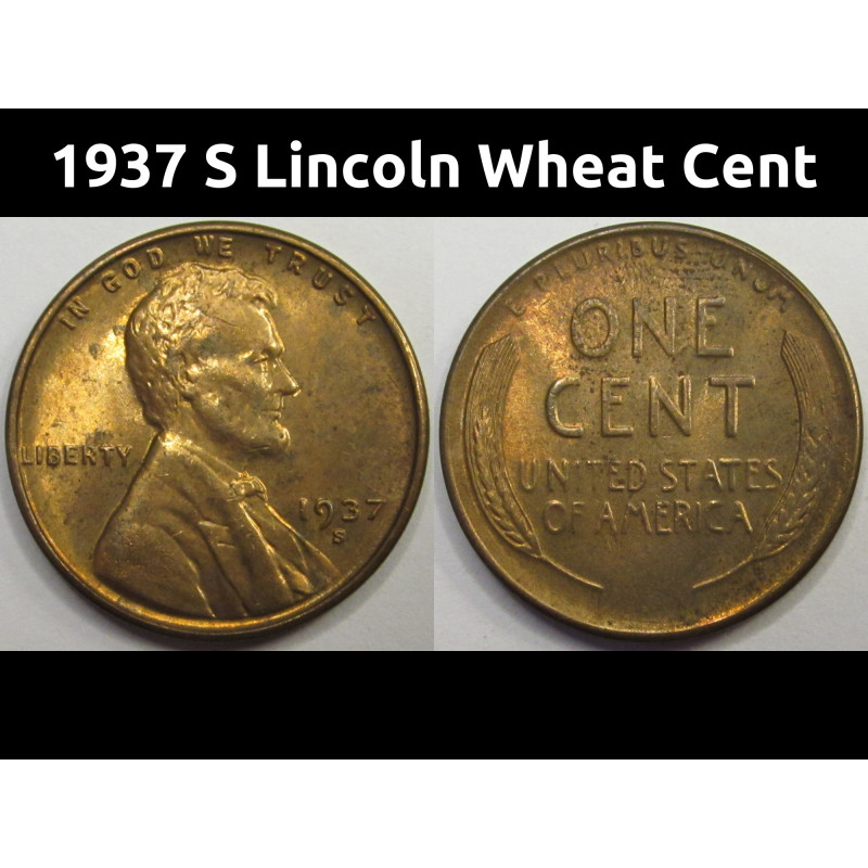 1937 S Lincoln Wheat Cent - antique San Francisco mintmark wheat penny