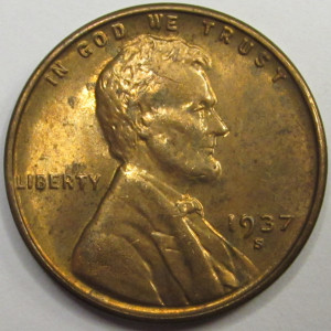1937 S Lincoln Wheat Cent - antique San Francisco mintmark wheat penny