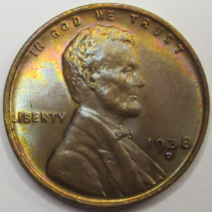1938 D Lincoln Wheat Cent - antique toned Denver mintmark penny