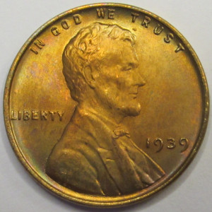 1939 Lincoln Wheat Cent - toned American wheat penny