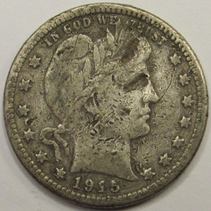 1915 S Barber Quarter - antique San Francisco mintmark silver coin
