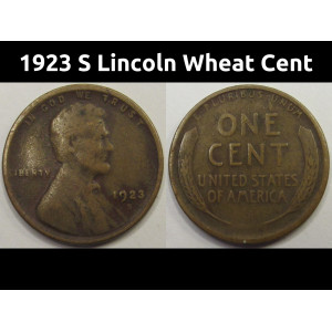 1923 S Lincoln Wheat Cent - antique San Francisco mintmark wheat penny