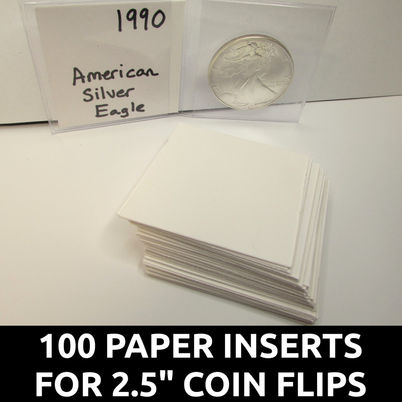100 Paper Inserts for 2.5 x 2.5 coin flips - acid-free, safe for coins