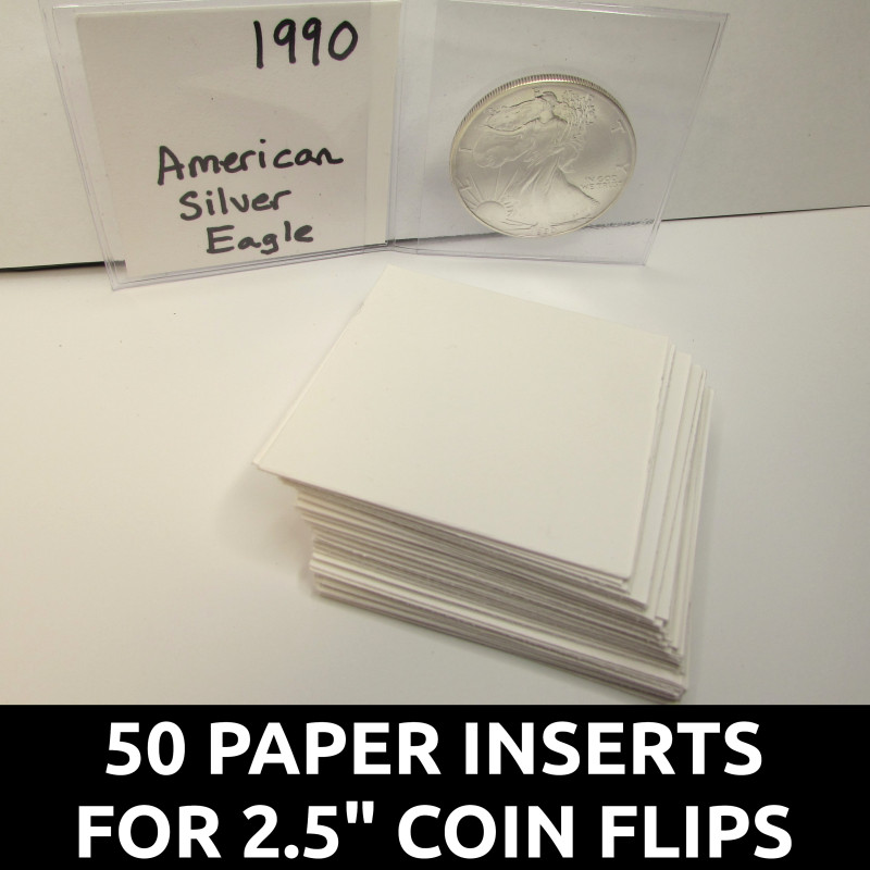 50 Paper Inserts for 2.5 x 2.5 coin flips - acid-free, safe for coins