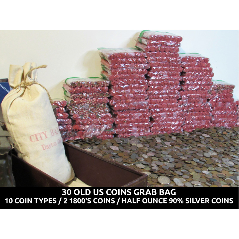 30 coin estate sale grab bag – 1/2 oz old US silver coins, 2 1800’s coins, 10 different coin types – best value coin grab bag