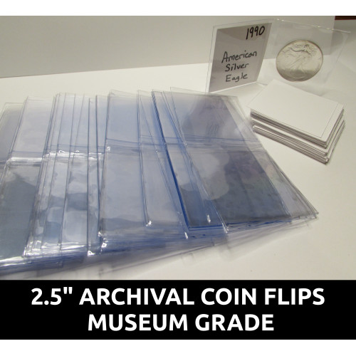 Archival 2.5" mylar plastic coin flips for storage - choose quantity 25 / 50 / 100 / 200 / 500