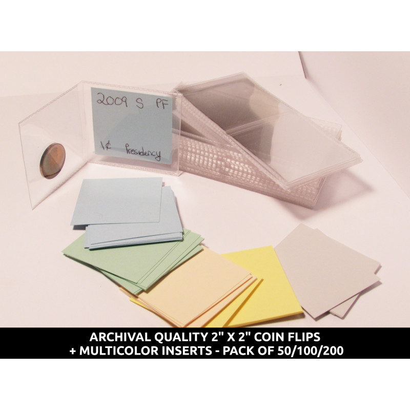 Archival Quality Mylar 2" coin holders - plastic flips + multicolor inserts - pack of 50 / 100 / 200