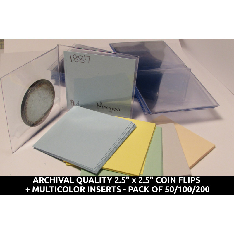 Archival Quality Mylar 2.5" coin holders - plastic flips + multicolor inserts - pack of 50 / 100 / 200