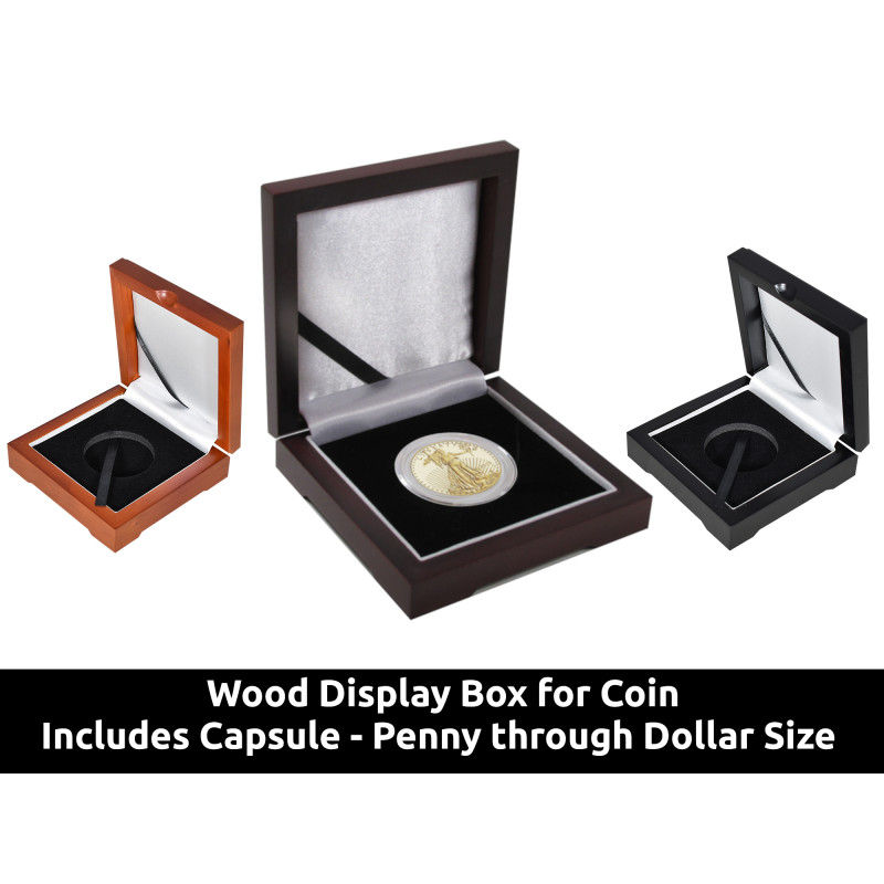 Single Coin Wood Display Box - presentation box for penny, nickel, dime, quarter, half dollar, dollar, American Eagle coins