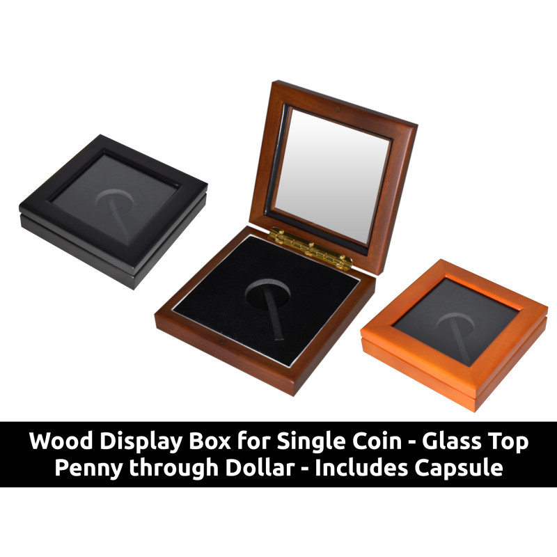 Wooden Display Box for single coin with glass top - with capsule - Penny / Nickel / Dime / Quarter / Half Dollar / Dollar