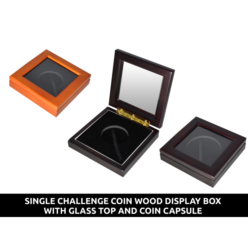 Single Challenge Coin Wood Presentation Display Box - with glass top and coin capsule - for 1.75 and 2 inch coins