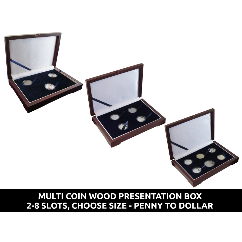 Wood presentation box with solid top for multi coin display - choose number and coin size - penny through dollar with capsules