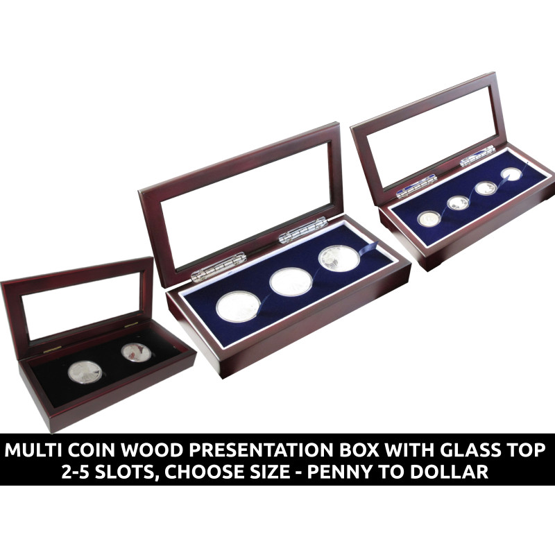 Wood presentation box with glass top for multi coin display - choose number and coin size - penny through dollar with capsules