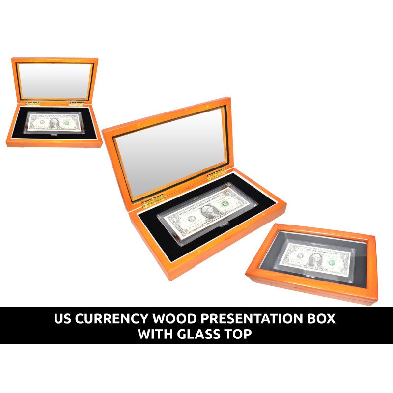 Wood presentation box for currency - with archival slab for protection - for small and large size US paper money