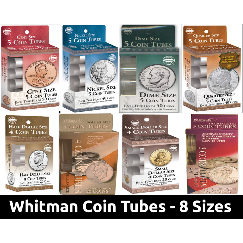 Whitman Round, Clear Coin Tubes - Cent, Nickel, Dime, Quarter, Half Dollar, Silver Dollar, Small Dollar, Silver Eagle - You Pick